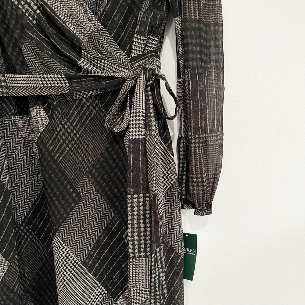 NWT Ralph Lauren Faux-Wrap Midi Dress Long Sleeve Tie Waist Geometric Size 16 - Picture 7 of 13